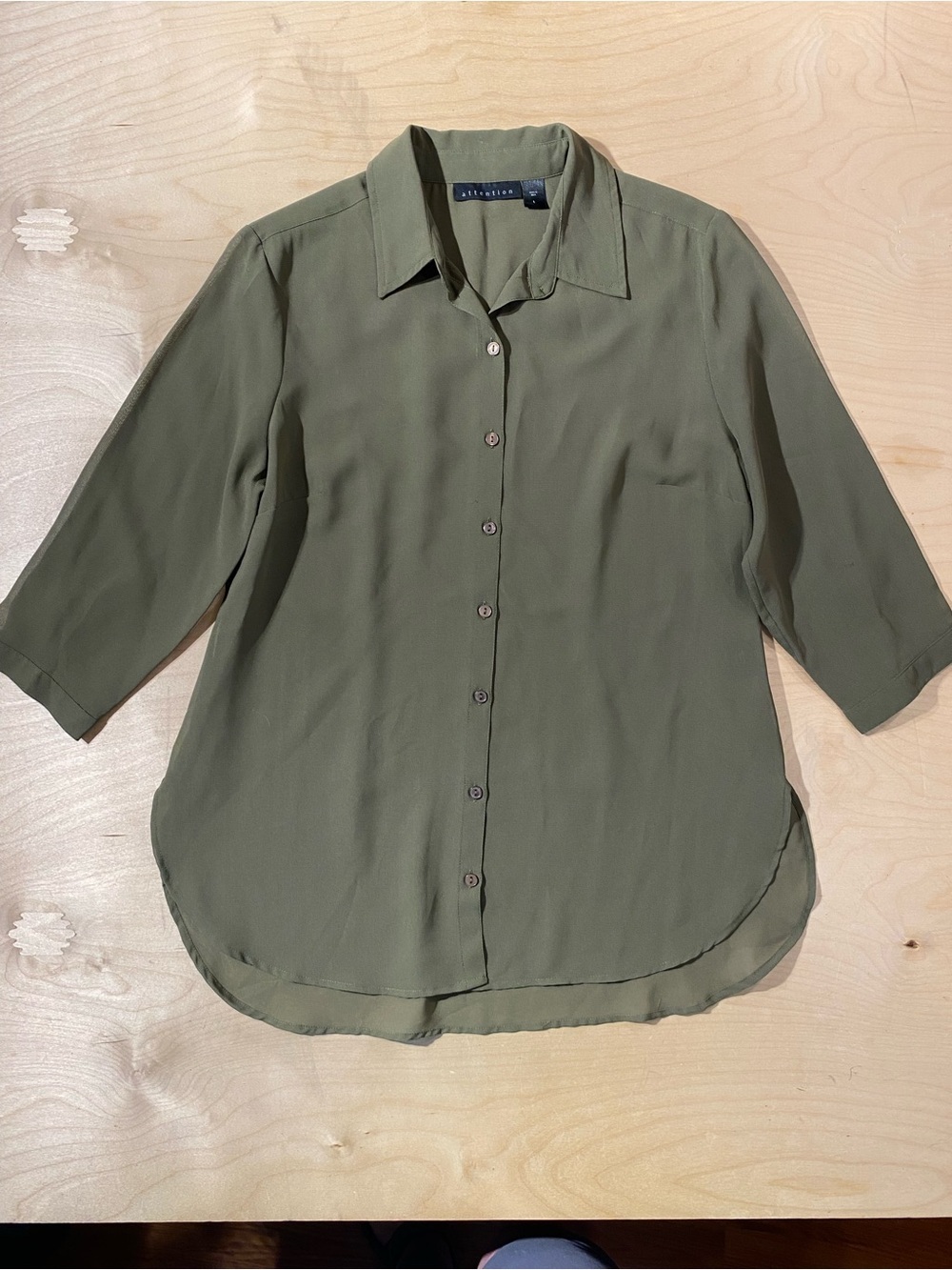 attention Olive Green Button-Down Sheer Shirt Large (SB)